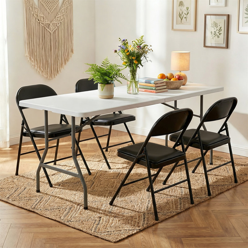 6FT Folding Table Set With 4 Chairs – Portable Foldable Furniture Set For Camping, Parties, Indoor & Outdoor Use, Black