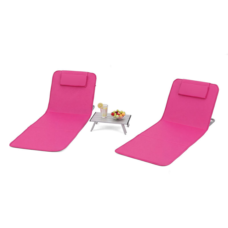 Ensemble de 3 tapis de plage pliables avec 2 chaises longues et une table d'appoint pour relaxer en plein air (rose)
