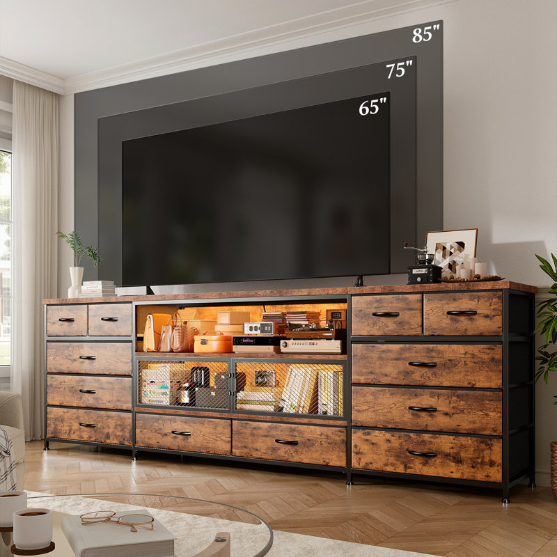 71"w Modern Tv Stand With 14 Drawers, Led Lighting & Built-in Power Outlets For 65/75/80 Inch Tvs, Fabric Storage Dresser With Mesh Door Compartments