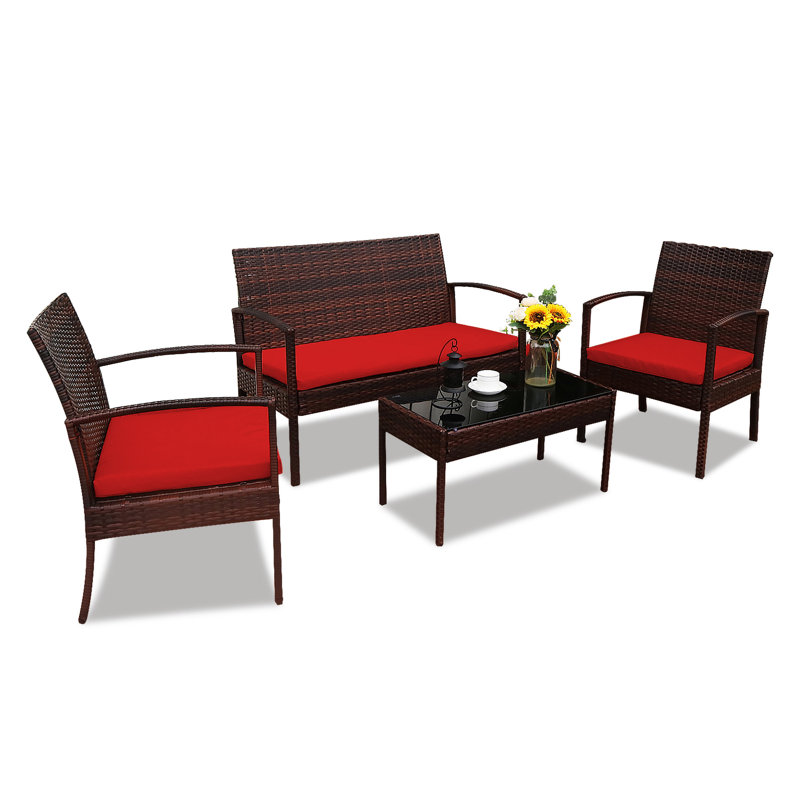 Ensemble de conversation en rotin avec coussins 4 pièces Exmore, Rouge