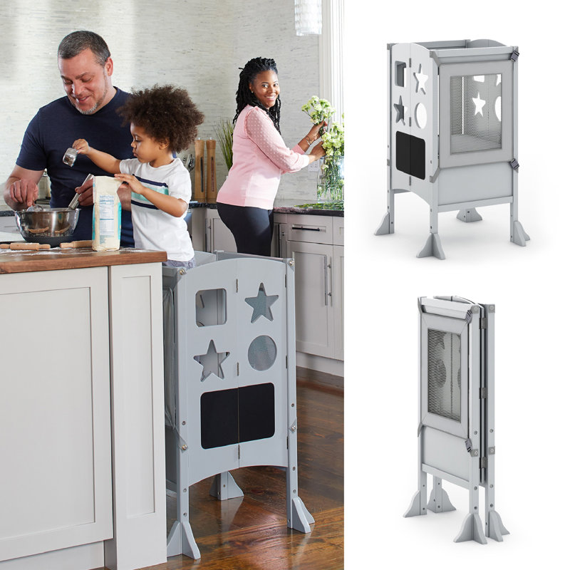 Guidecraft Classic Kitchen Helper Foldable Toddler Tower Stool with Anti-tip Feet and Safety Nets, Gray