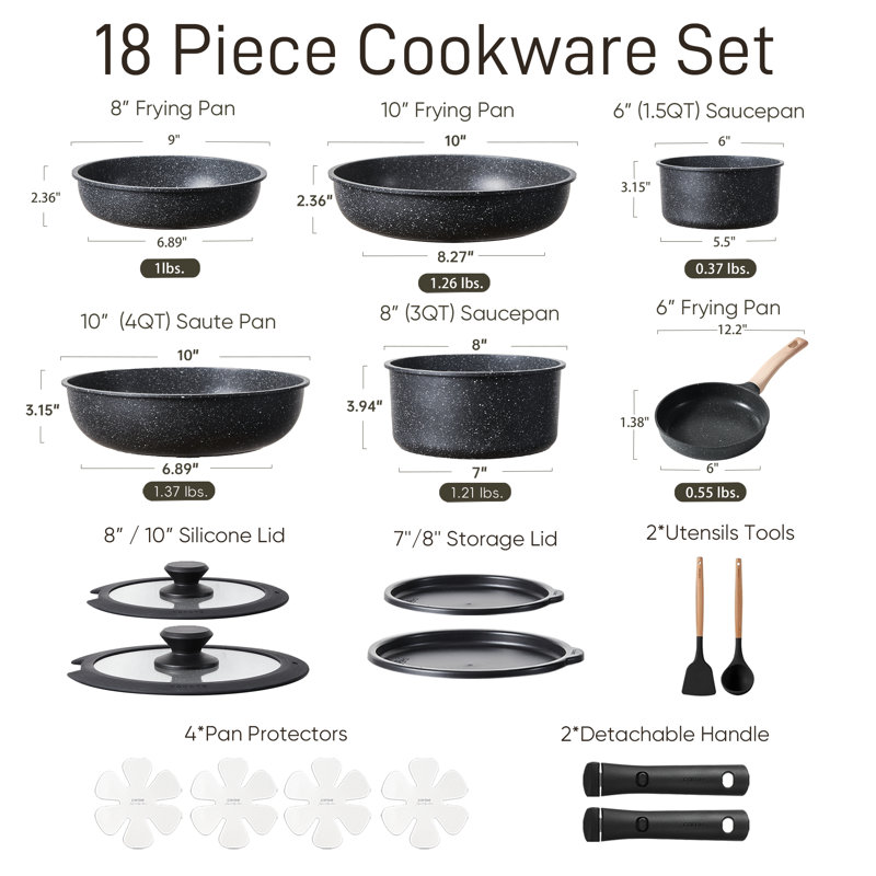 CAROTE 18-Piece Nonstick Cookware Set, Pots and Pans Set with Detachable Handle, Black