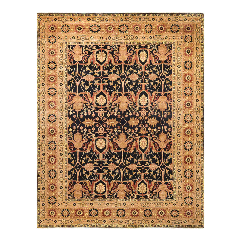 Tapis noir en laine noué à la main de conception unique 9 pi 3 po x 11 pi 9 po Daneli
