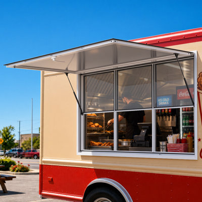 Concession Window 74x40 in Aluminum Alloy Service Window, for Food Truck, Up to 85 Degrees Stand Serving with 3 Fixed & 3 Sliding  Windows, Awning Door and Drag Hook, Rainwater Resistant