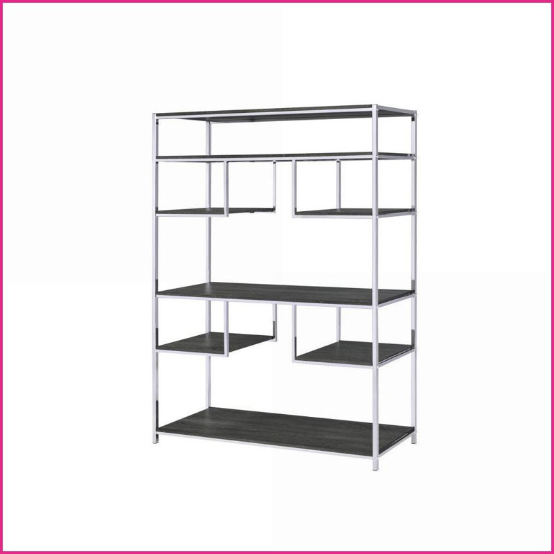 Bibliothèque avec finition chêne gris rustique & amp; Cadre en métal chromé, 7 tablettes ouvertes | Gris | Chrome