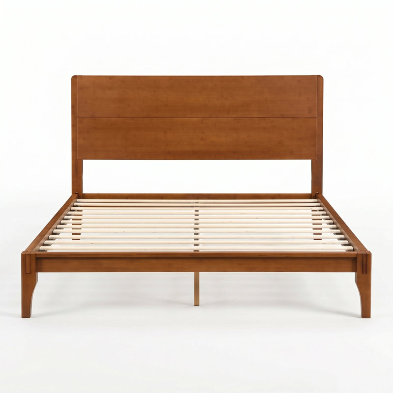 Mid-Century Modern Bamboo Platform Bed - No Box Spring Needed, Wood Slat Metal Support, Easy Assembly, Queen, Brown