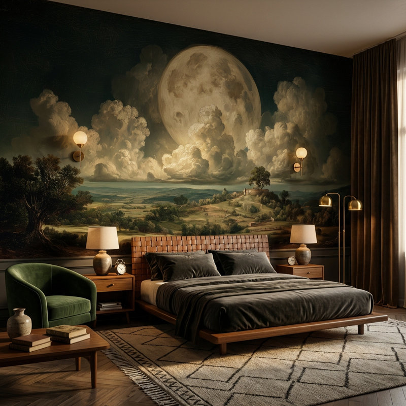 Papier peint lune paysage traditionnel, Non tissé, 160 po x 108 po