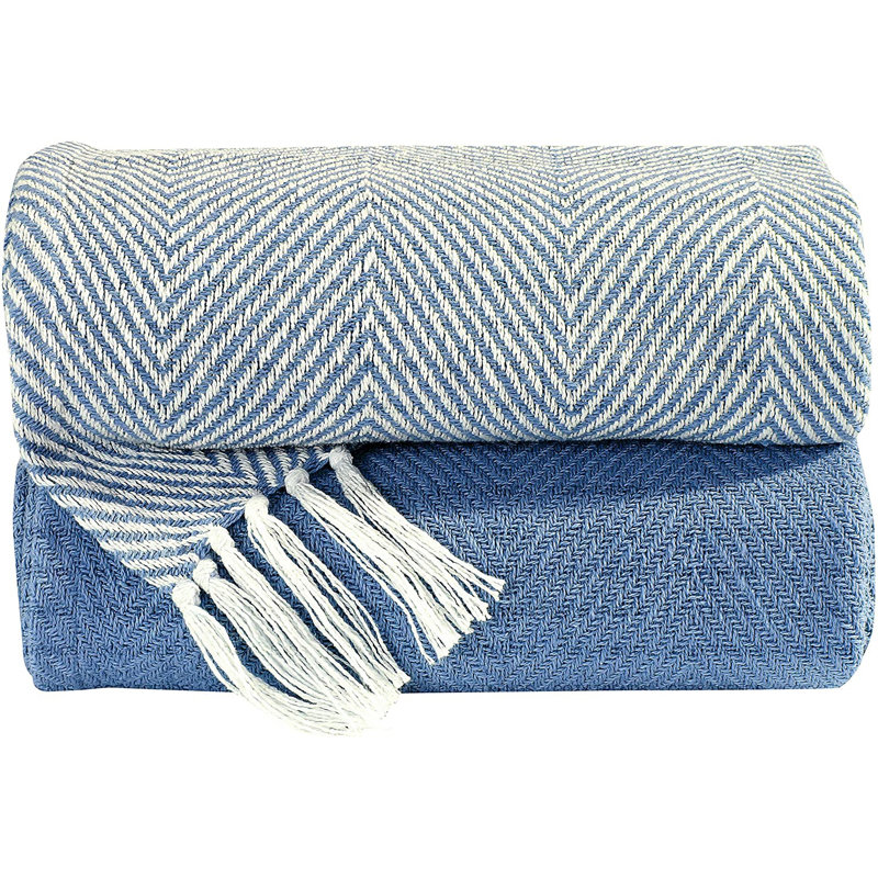  Jeté luxueux 100% coton, Bleu, Chevrons