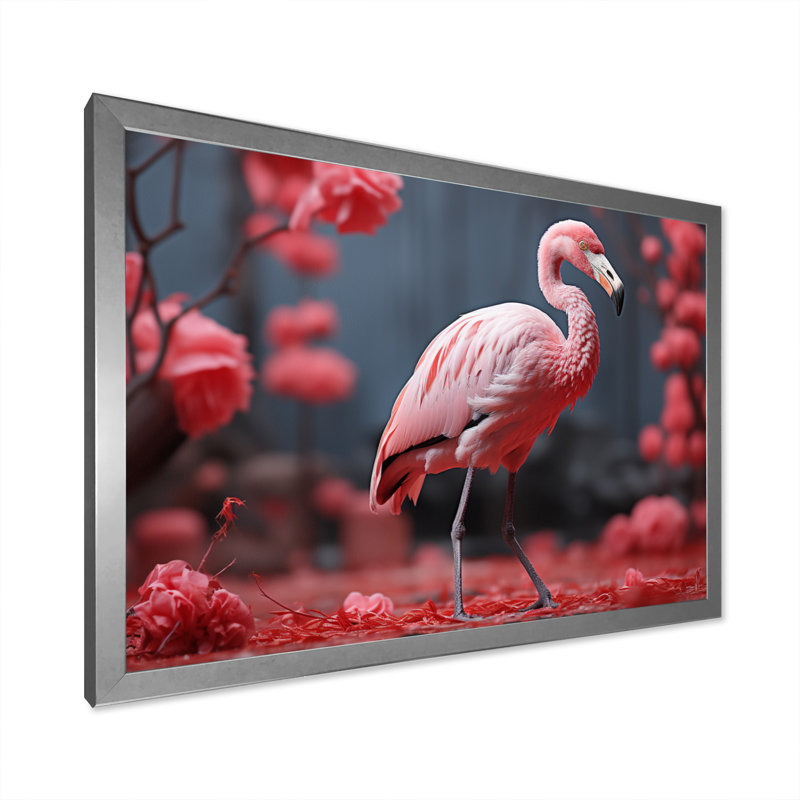 Flamant rose élégant - imprimé, H 16 po x l 32 po x P 1 po, Cadre simple argenté