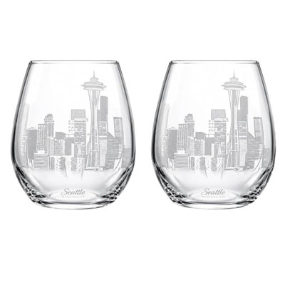 Verre à vin et gobelet à whisky Old Fashioned, gravure de la ligne d'horizon de Chicago, cadeau premium - Lot de 2