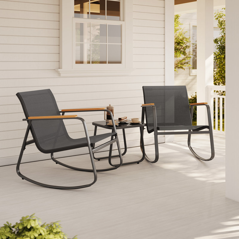 3-Piece Outdoor Rocking Patio Set with Solid Wood Armrests & Coffee Table, Black