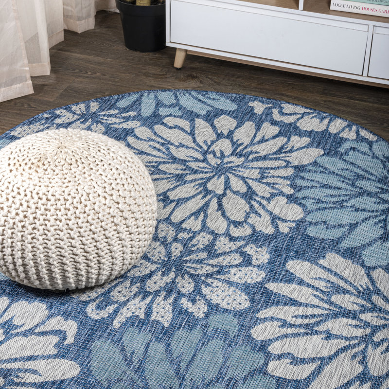 Hagy Modern Floral Textured Weave Navy/Aqua Indoor/Outdoor Rug, Round 3'1"