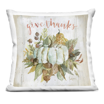Give Thanks Pumpkin & Leaves Decorative Printed Throw Pillow, design by Livi and Finn