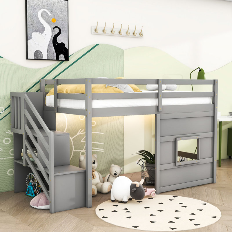 Jadi Twin Wooden Loft Bed with Staircase, Gray