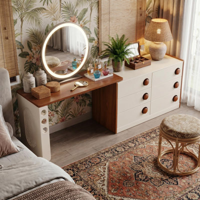 Modern 6-drawer vanity set, luxury vanity set with 3 side storage compartments, minimalist bedroom vanity set (stool and mirror not included)
