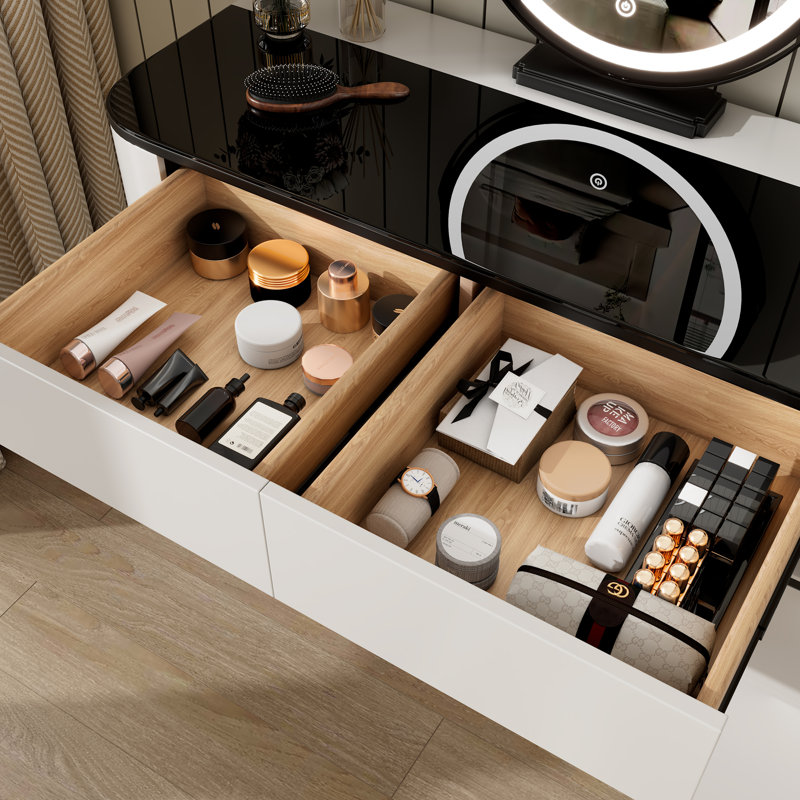 Modern Vanity Table with Tempered Glass Top, Adjustable Height Legs, Multi-functional Storage Cabinet and Round Mirror, White and Black, 100cm/39.37in Wide - Perfect for Bedroom, Dorm, Small Spaces.