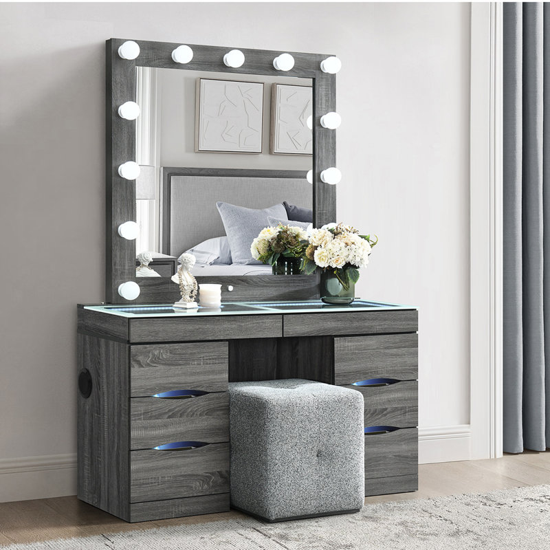 Ensemble coiffeuse et tabouret gris Lorena