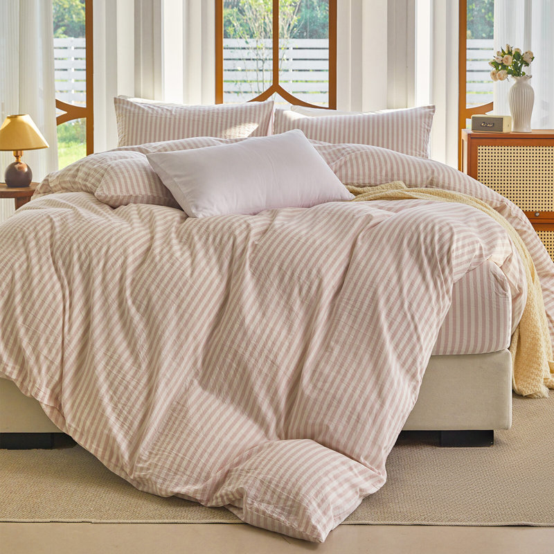 Ensemble de housse de couette rayée 100% coton délavé XINMIANFANG, Housse de couette pour très grand lit et 2 taies 