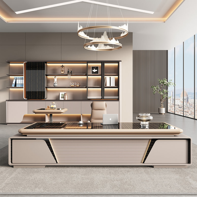 Bureau de direction 102,36 "de luxe moderne avec armoires latérales et table élévatrice