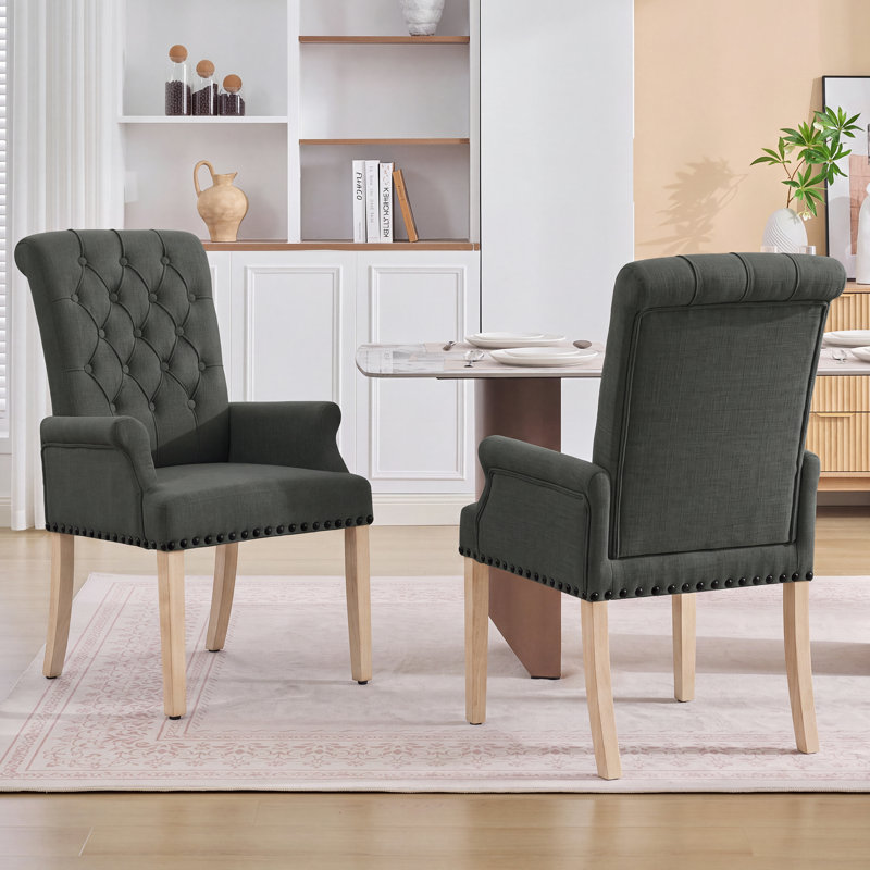 Chaise de salle à manger Amdad capitonnée en tissu avec pieds massifs, Gris foncé, Natural