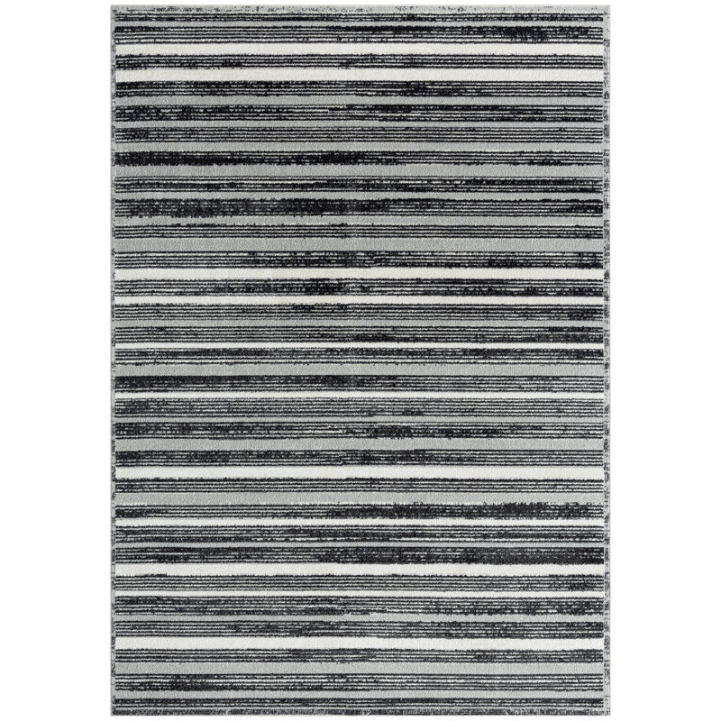 Amla Striped Machine Washable Area Rug in Light Gray/Black, Rectangle 5'2" x 7'2"