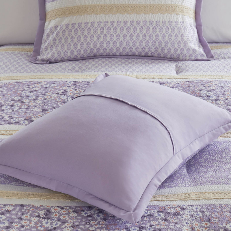 Édredon très grand / très grand seersucker comprenant 2 taies décoratives et coussins décoratifs - Microfibre, style avec volants en dentelle à motif floral, rembourrage, nettoyage des taches, emballage comprimé, pelucheux, vapeur