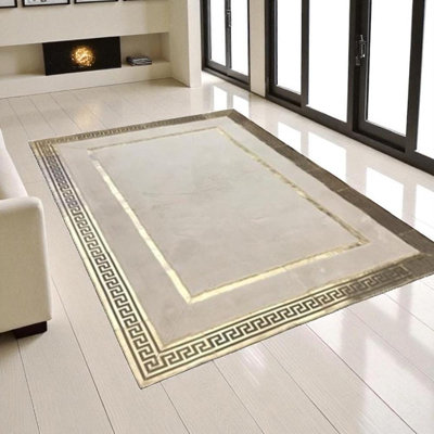 Tapis moelleux beige clair, tapis à lignes dorées douces, tapis de salon sur mesure