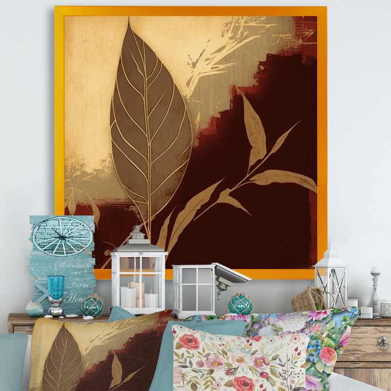«Terra Cotta Chocolate Leaves II», reproduction sur toile, H 24 po x l 24 po x P 1 po, Toile avec cadre photo doré