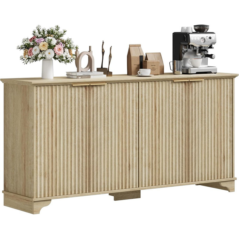 Buffet 4 portes cannelé, tablettes réglables, chêne naturel