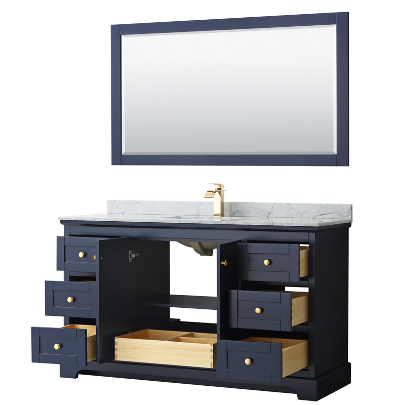 Avery 60'' Single Bathroom Vanity with Stone Top, Dark Blue, Brushed Gold