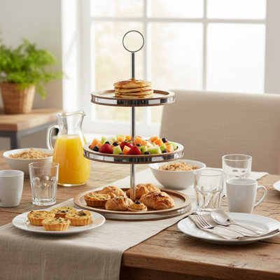Marlee Acacia 3 Tier Wooden Round Stand W/ Stainless Steel Strips