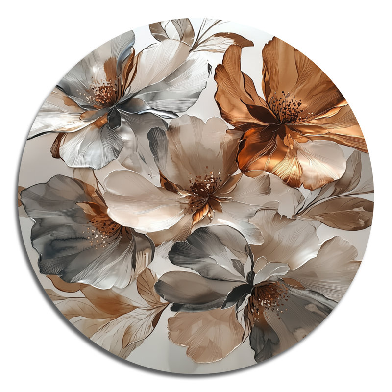 Cuivre métallique et chrome fleurs abstraites II - fleurs abstraites rondes en métal, H 16 po x l 16 po