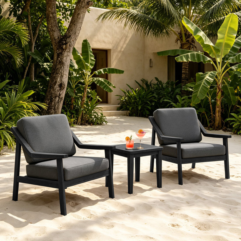 Ensemble de patio d'extérieur pour deux personnes en teck avec coussins et table d'appoint Marlo, Gris foncé, Noir