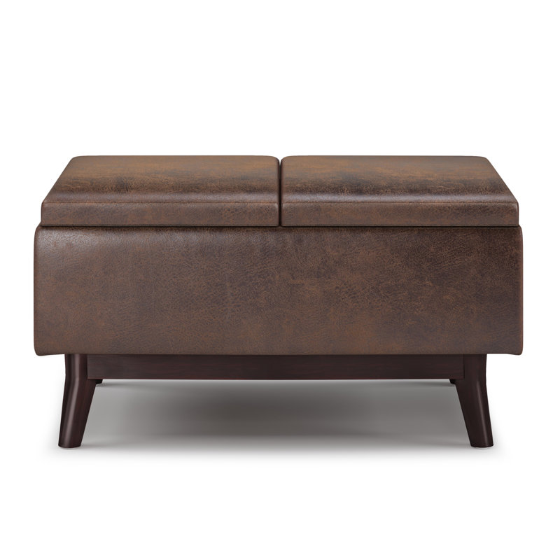 Repose-pieds capitonné rectangulaire Mid-Century avec plateau Owen, Similicuir brun châtaignier vieilli