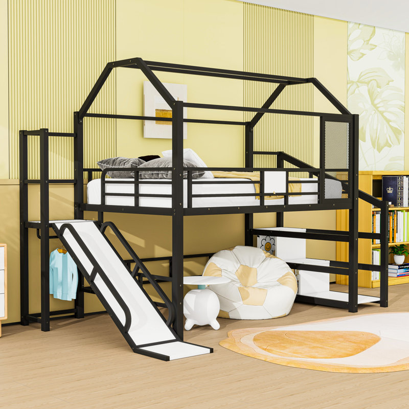 Lit mezzanine en métal avec toit, glissade et tablettes de rangement, Double, Noir