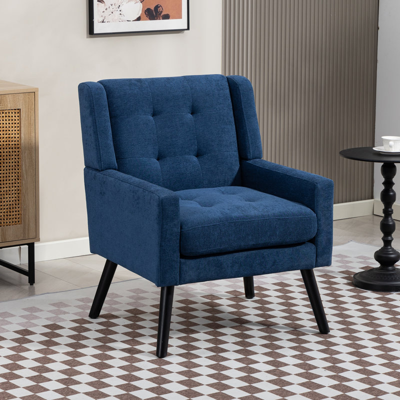 Fauteuil capitonné à dossier large rembourré, Lin bleu marin