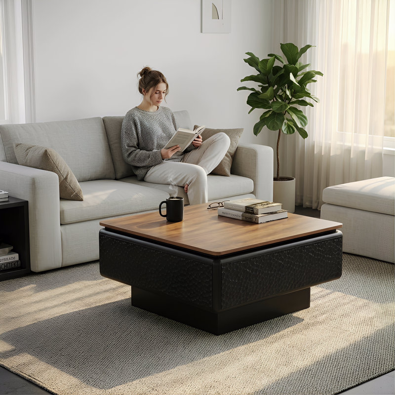 Table basse à plateau relevable 31 po avec rangement caché, table centrale carrée moderne Mid-Century avec texture martelée et base flottante pour le salon, brun noir