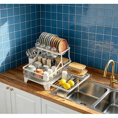 Large 2 Tier Expandable Dish Drying Rack Heavy Duty Rust Resistant with Utensil Cup Holder Auto Drain