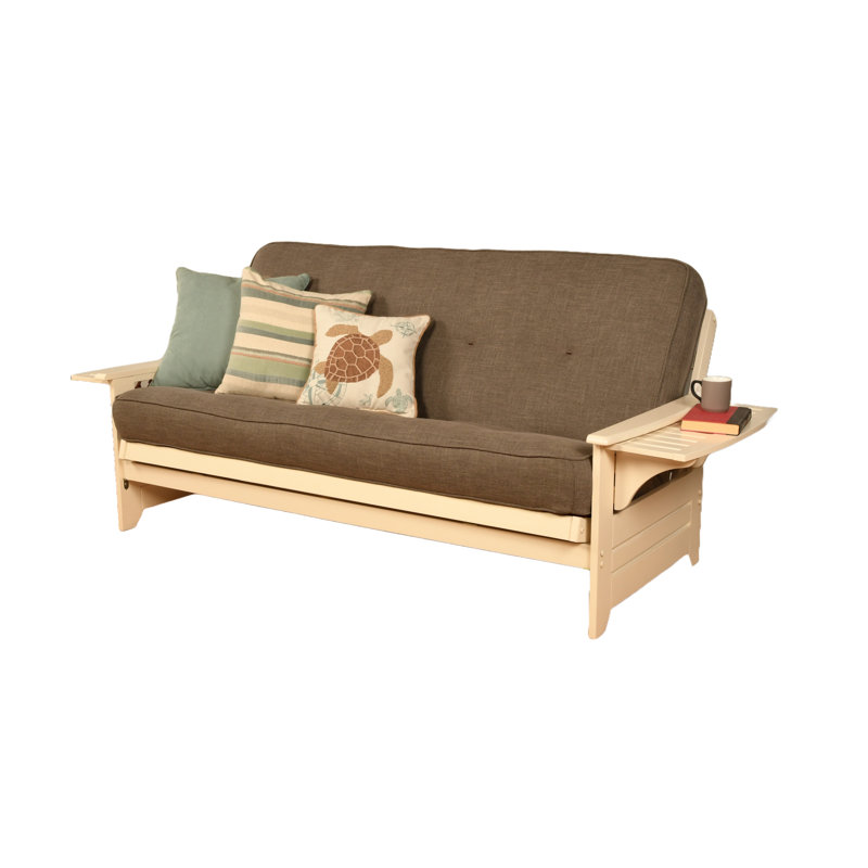 Johnte 82'' Wide Full Futon And Mattress, Antique White, Linen Cocoa Microsuede, Premium Pocket Coil