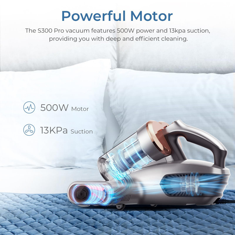 Mattress Handheld Vacuum Cleaner with 500w 13kpa Suction for Bed, Carpet & Pet Hair Cleaning, Dust Mite Cleaner with HEPA Filter, Mite Sensor, Metal Brushroll, Dual Cup, 253nm UVC Light, Multi-directional Heating, Suitable For People with Allergies