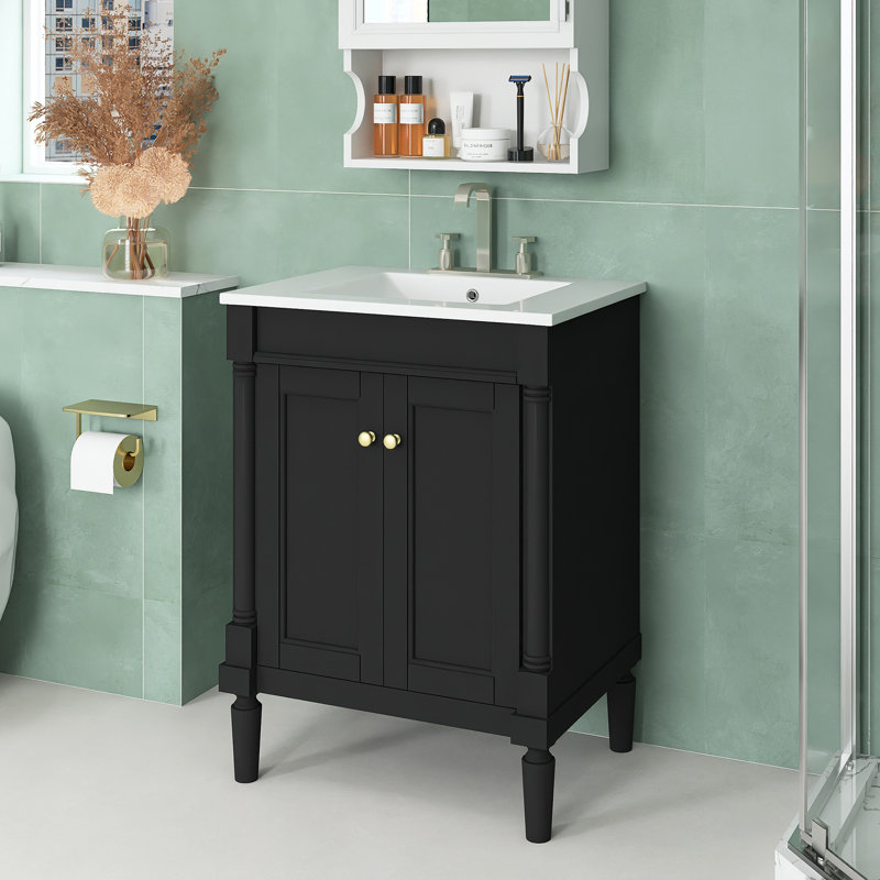 Meuble-lavabo moderne 24 po avec lavabo supérieur, meuble-lavabo à 2 niveaux, meuble-lavabo simple, grandes tablettes de rangement, noir