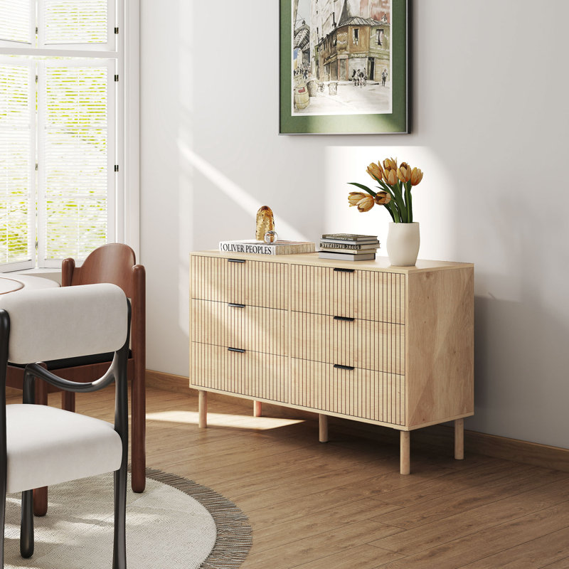 Commode de chambre à coucher, commode 6 tiroirs avec panneaux cannelés, chêne