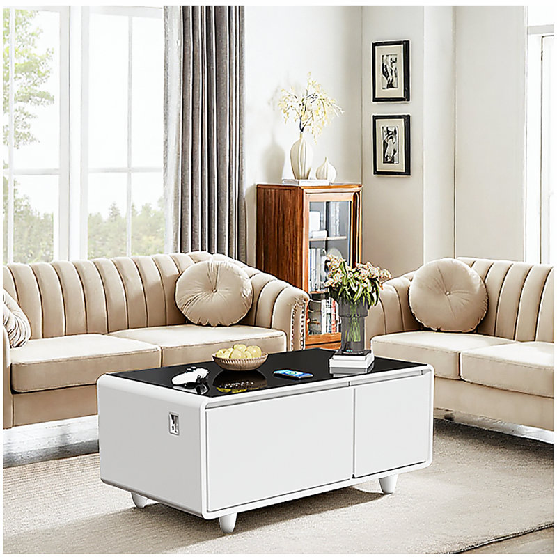 Table basse moderne avec réfrigérateur et congélateur intégrés, haut-parleur Bluetooth, chargement sans fil, panneau de commande tactile, ports USB, protection pour prise de courant, lumière d'ambiance, blanc