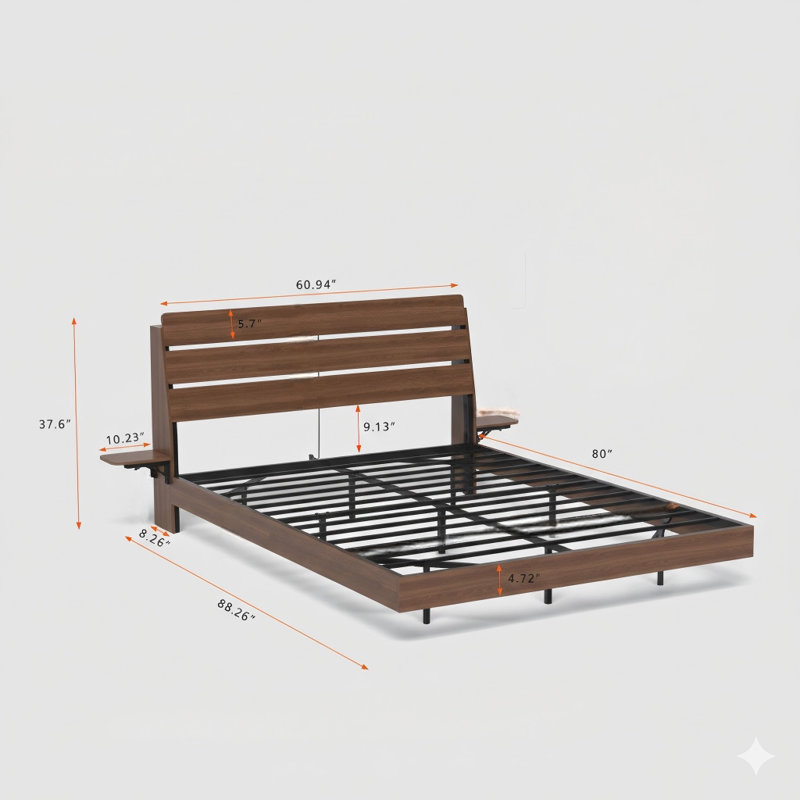 Base de lit flottante pour grand matelas, comprend des lumières DEL et une station de charge. Structure de lit en bois pour grand lit avec tête de lit, aucun sommier nécessaire, facile à assembler, finition noyer.