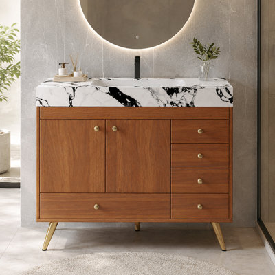 36" Freestanding Bathroom Vanity with Sintered Stone Top, Ceramic Sink, 5 Drawers & Double-Door Cabinet
