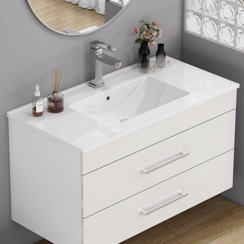 Lavabo de salle de bain en céramique blanche de 91 cm (36 po), compatible avec un meuble-lavabo de 91 cm (36 po), trou de robinet prépercé, design minimaliste moderne, durable et facile à nettoyer