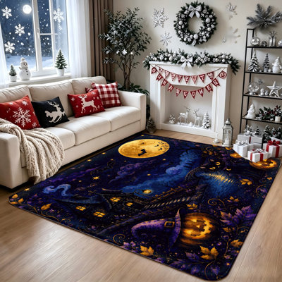 Tapis d'Halloween antidérapant, motif chapeau de sorcière gothique et citrouille, scène nocturne de pleine lune et chauve-souris, tapis de sol à thème pour salon, chambre, décoration d'Halloween, décoration intérieure et accessoires