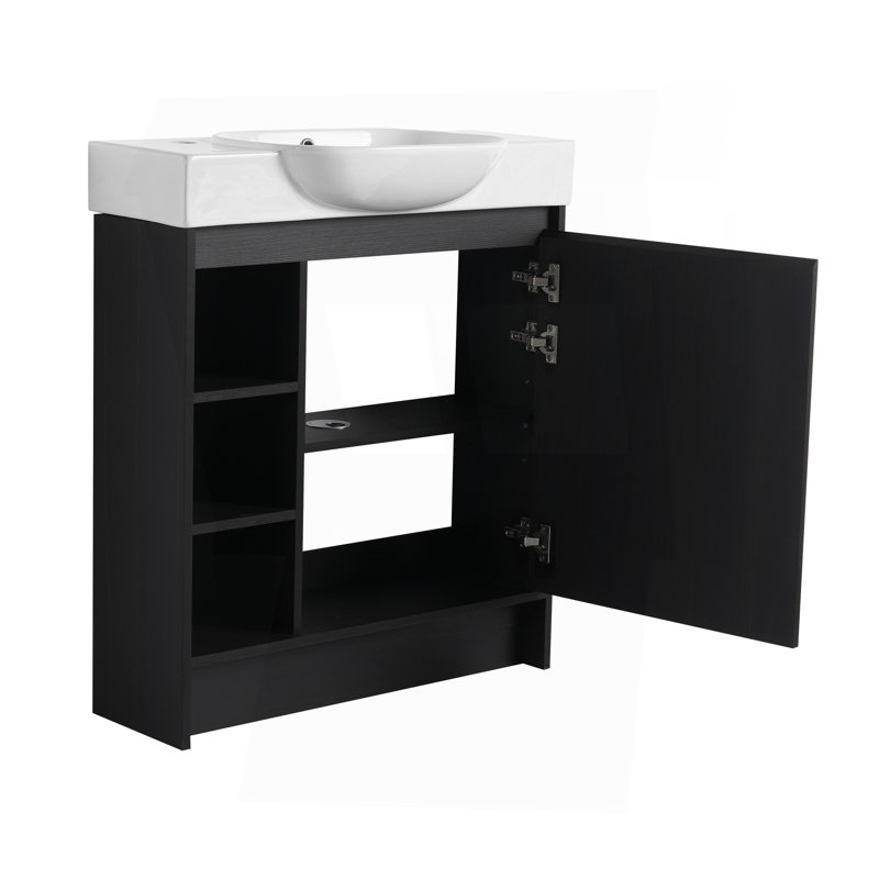 Meuble-lavabo autoportant de 30 po avec lavabo en céramique blanche et porte à fermeture en douceur, chêne foncé, contreplaqué, emballage KD