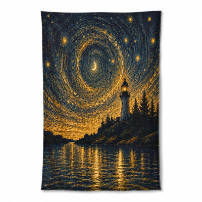 1Pcs Lighthouse Starry Night Beach Towel, featuring a majestic under swirling sky with crescent moon. Large microfiber, perfect for, swimming, travel, and camping, unisex.