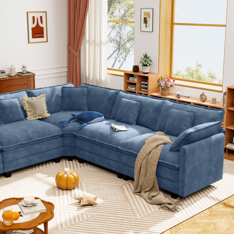Canapé modulaire modulaire en L en chenille de 111,5 po avec deux repose-pieds Mandurah, Bleu